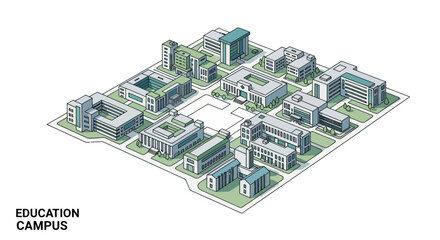 Isometric View of a Modern Education Campus with Multiple Buildings and Green Spaces.
