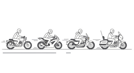 Black and white line art illustration of various motorcycles with riders showcasing different styles.