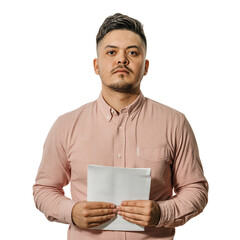 Neutral business headshot with salmon-pink shirt and document