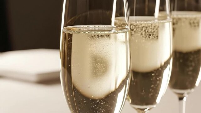 Elegant Toasting: Three Champagne Flutes Filled with Bubbling Sparkling Wine in Soft Lighting with White Tablecloth and Brown Background Celebrating Success or Special Occasion 198 chars