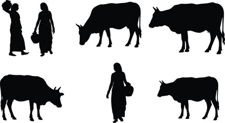 Rural village lifestyle silhouettes with women carrying water containers and cows grazing, traditional farming culture, agriculture, pastoral daily life vector illustration