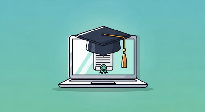 Laptop with graduation cap and diploma for online education