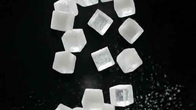 Falling White Sugar Cubes on Black Surface Demonstrating Sweetness and Texture Against Dark Background with Clean Look for Culinary and Health Concepts in Food Ads and Product Shots