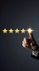 A five star rating customer review quality service user feedback satisfaction excellence gold star hand touch screen business