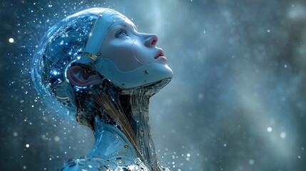female robot with light blue skin, featuring clear glowing parts and detailed circuitry under the transparent shell, gazing up at an endless sky full of stars. an ethereal glow surrounds her head