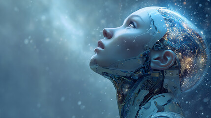female robot with light blue skin, featuring clear glowing parts and detailed circuitry under the transparent shell, gazing up at an endless sky full of stars. an ethereal glow surrounds her head