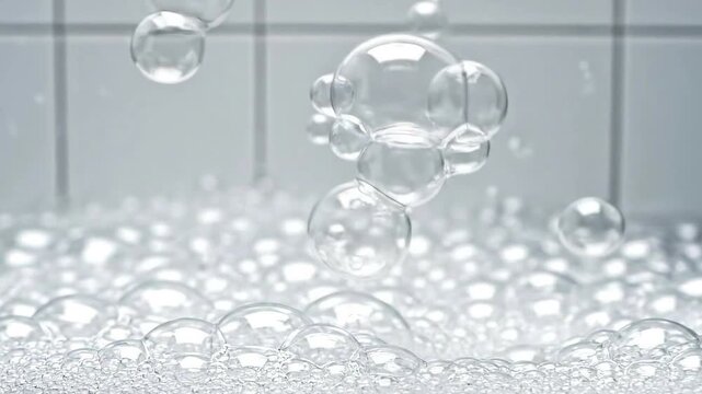 Floating Bubbles on White Tiles Close Up Smooth Motion of Soap Bubbles Creating a Light and Airy Atmosphere Gentle Movement Suitable for Wellness and Hygiene Concepts