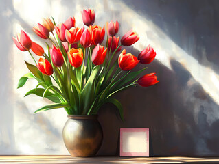 A Lovely Vase of Tulips and a Mother’s Day Card Displayed