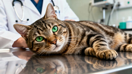 A tabby cat with green eyes lies on an examination table in a veterinary clinic, attended by a veterinarian.