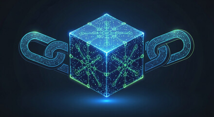Futuristic blockchain technology concept with glowing cube and chain links