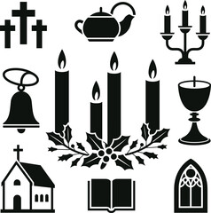 Christmas religious icons, candle arrangement, church silhouette, cross symbol, festive vector, spiritual theme, holiday decor, black graphic, Bible illustration