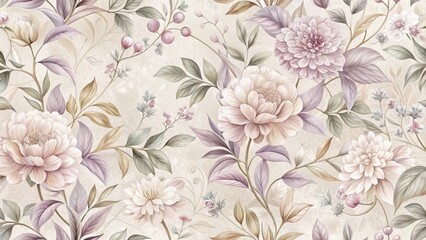 Elegant Pastel Floral Design Featuring Delicate Blooms and Lush Foliage on a Textured Background