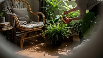 Cozy Sunlit Conservatory Woman Tending Lush Indoor Plants with Gentle Care.