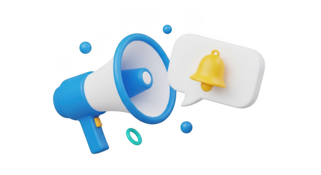 Blue megaphone announcing yellow bell notification isolated on transparent background