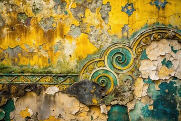 Intricate Ornate Design on a Weathered, Aged Wall with Flaking Paint and a Teal, Yellow, and Gold Color Palette