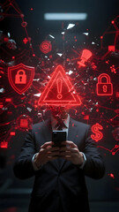 A cybersecurity data breach warning hacker smartphone alert risk malware phishing network dark red shield lock dollar encryption threat hacking cyber attack glitch notification technology finance