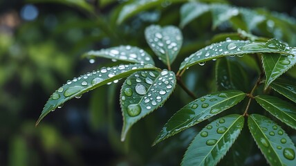 Close-up Macro Shot of Lush Green Leaves Covered in Sparkling Water Droplets After a Refreshing Rain Shower on a Serene Forest Floor