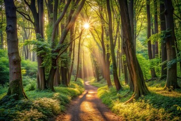 Obraz premium Sunlit Path Through a Verdant Forest at Dawn A Serene Landscape of Majestic Trees and Lush Undergrowth
