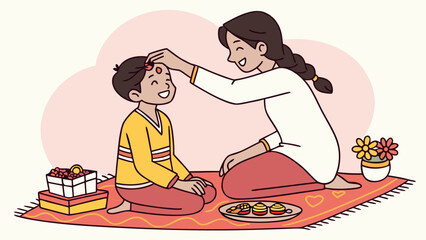 Sister lovingly applies tika to her brother's forehead during Bhai Tika festival, a cherished celebration of siblinghood, family bonds, and enduring traditions