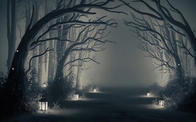 Minimalist Haunted Forest at Night with Lantern Glow and Fireflies