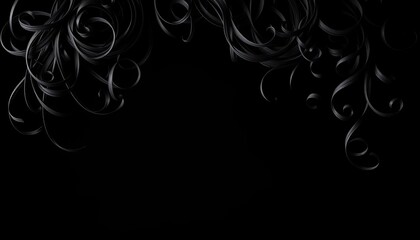 Intricate dark curls cascade against a stark black backdrop,   abstract,   bun