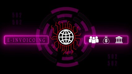 A Invoice button on a clear projection .Blue wave digital data flow. Seamless loop technology network background concept.4K animation.