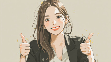 笑顔でサムズアップするスーツを着た女性のイラスト（生成AI）