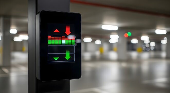Smart parking guidance system digital display in an underground facility, showing real-time occupancy levels and directional information for efficient vehicle management