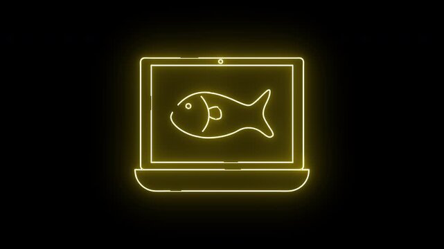 Neon yellow laptop shows a fish outline on a black background