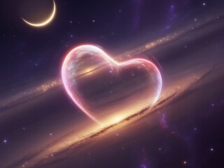 A radiant heart-shaped nebula floats serenely within a cosmic expanse adorned with swirling galaxies and a distant crescent moon casting a soft glow