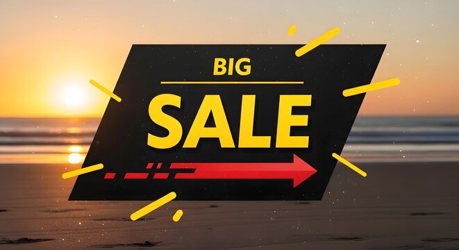 Big sale banner with a red arrow and yellow bursts against a beach sunset background, promoting a special offer or discount event