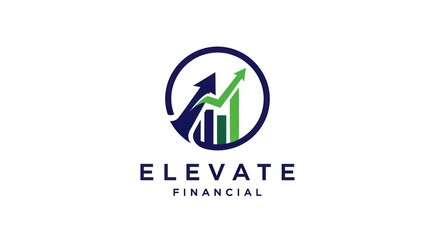 A circular logo featuring a stylized arrow pointing upwards and a bar graph with a green and blue color scheme, set against a white background.