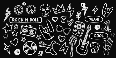 Collection of hand drawn rock and roll music icons and symbols in white on a black background