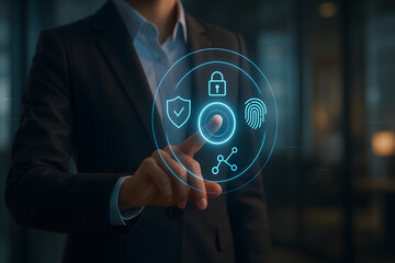 Finger touching digital security icons on a circular interface