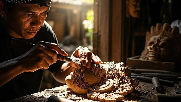 Skilled Artisan Meticulously Carving an Intricate Wooden Sculpture.