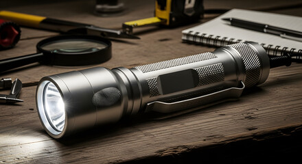 A durable aluminum LED flashlight rests on a rustic wooden workbench alongside various workshop tools for a DIY project