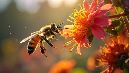 A bee approaches a vibrant orange and pink flower, bathed in sunlight