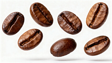 Seven roasted coffee beans floating against a white background
