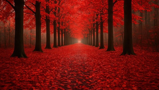 Vibrant red forest pathway desktop wallpaper