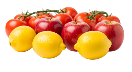 A vibrant collection of fresh red apples, bright yellow lemons, and ripe vine tomatoes on a clean white background
