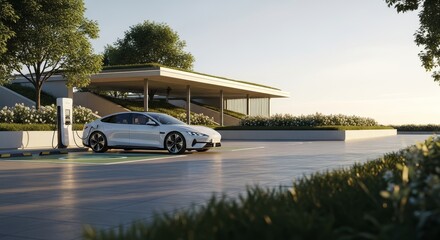 Sleek Electric Vehicle Charging at a Modern, Eco-Friendly Station