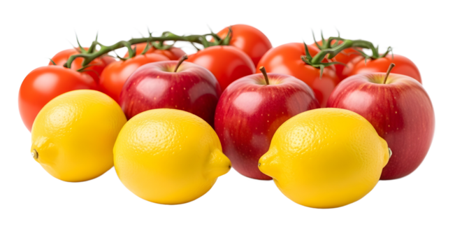 A vibrant collection of fresh red apples, bright yellow lemons, and ripe vine tomatoes on a clean white background