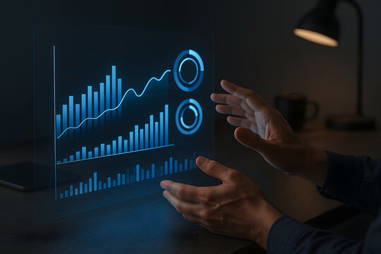 Person analyzing financial data on futuristic holographic display