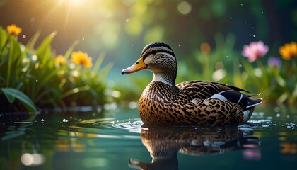A duck floats gracefully in a tranquil pond, bathed in sunlight