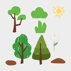 Fototapeta premium A whimsical collection of hand-drawn cartoon elements depicting trees, bushes, a flower, and a sun, set against a neutral background