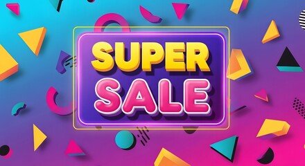 Super sale banner with colorful geometric shapes and neon glow effect, vibrant abstract background for promotion and advertising