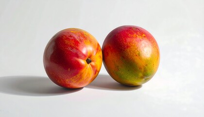 Two Ripe Mangoes on a White Surface in Natural Light.