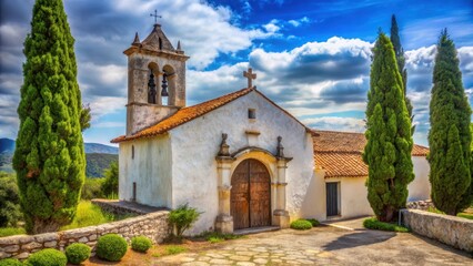Fototapeta premium Rustic White Chapel with Wooden Doors, Flanked by Towering Cypress Trees Under a Vivid Sky