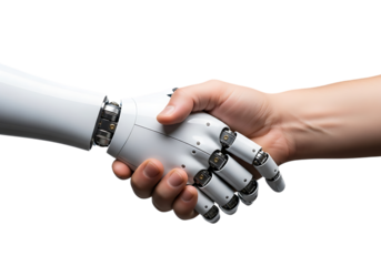 Human and robot hand shaking in agreement isolated on transparent background