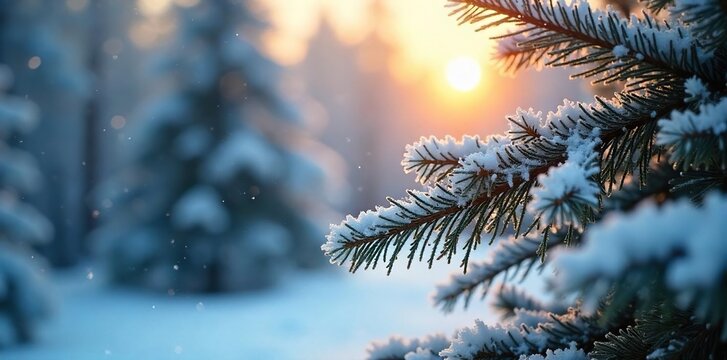 Snow-laden Christmas Tree Branches Glistening in Winter Sunlight A Picturesque Snowy Wonderland Scene